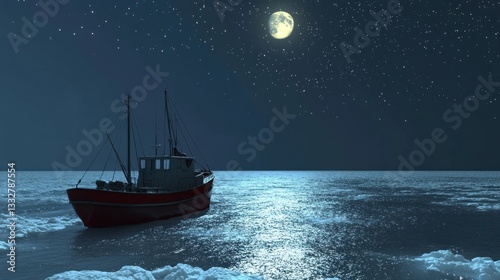 Night fishing boat, moonlit sea, stars