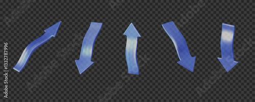 3D glass arrows holographic in various directions. Suitable for futuristic designs, digital interfaces, tech presentations, navigation elements, and interactive graphics.