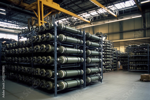Missiles stored on racks in a military facility Generative AI