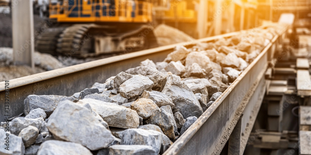 Rocks transported on conveyor belt in mining operation Generative AI Rocks transported on conveyor belt in mining operation Generative AI
