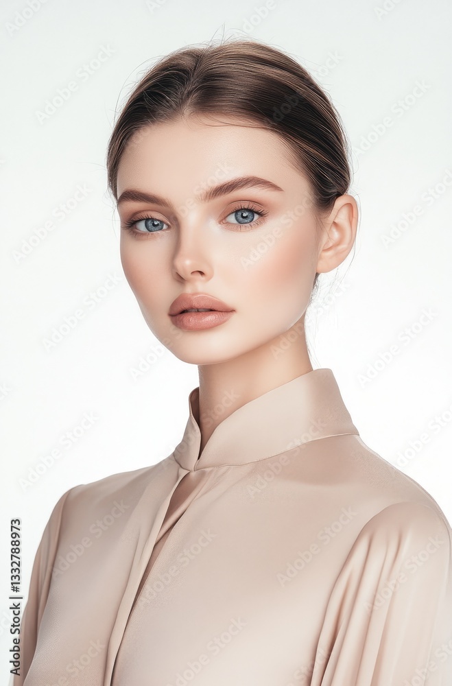 A beautiful Russian woman with flawless skin, wearing an elegant beige dress, poses for the camera against a white background A beautiful Russian woman with flawless skin, wearing an elegant beige dress, poses for the camera against a white background