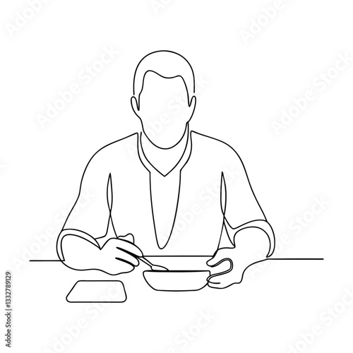 Man Eating Breakfast Cereal Bowl Spoon Single Line Art