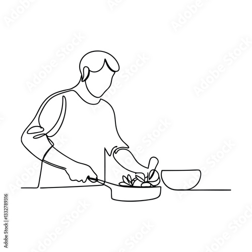Single line drawing of a man cooking a delicious meal