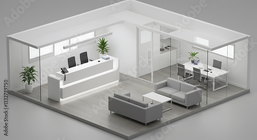 Isometric Office Interior Design with Reception, Waiting Area, and Desks