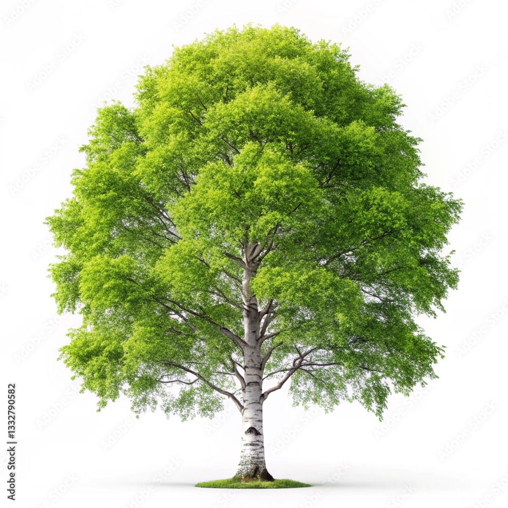 Majestic Birch Tree with Lush Summer Leaves Isolated on White Background