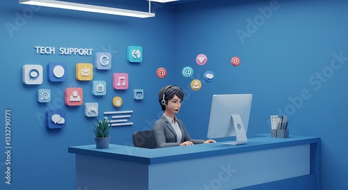 Woman at Computer Providing Tech Support with App Icons Background