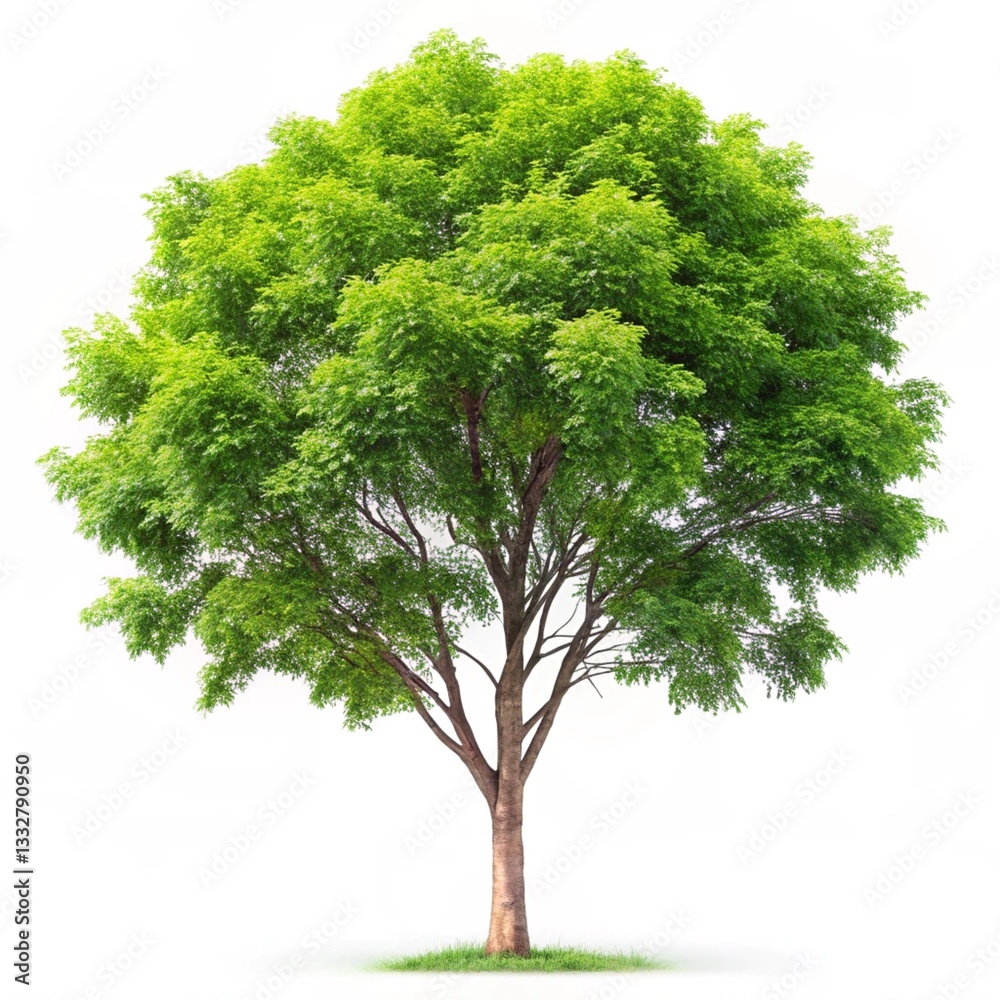 Majestic Birch Tree with Lush Summer Leaves Isolated on White Background