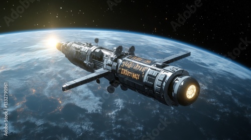 Wallpaper Mural A futuristic spaceship is orbiting above earth during a bright sunrise in space.
 Torontodigital.ca