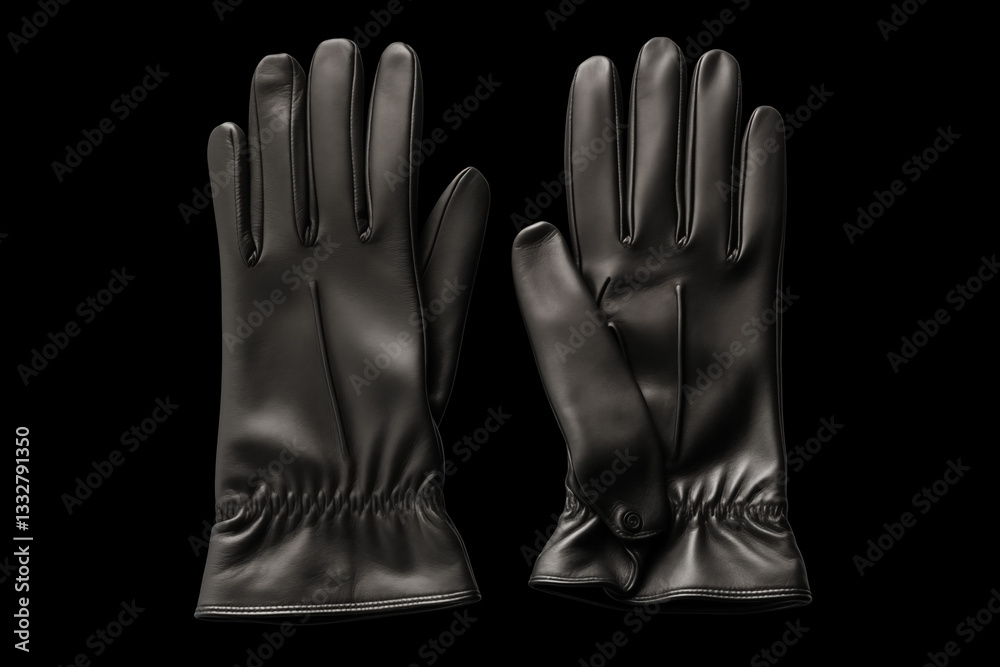 Obraz premium A pair of elegant black leather gloves displayed against a dark background, showcasing sleek design and fine craftsmanship, ideal for winter fashion accessories.