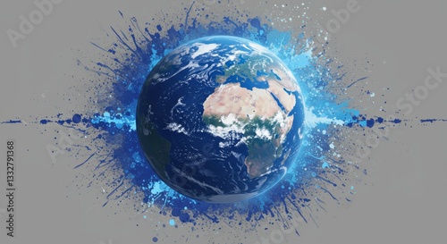 Vibrant Earth Splash - A stylized of planet Earth encircled by a vibrant blue paint splash effect against a gray background photo