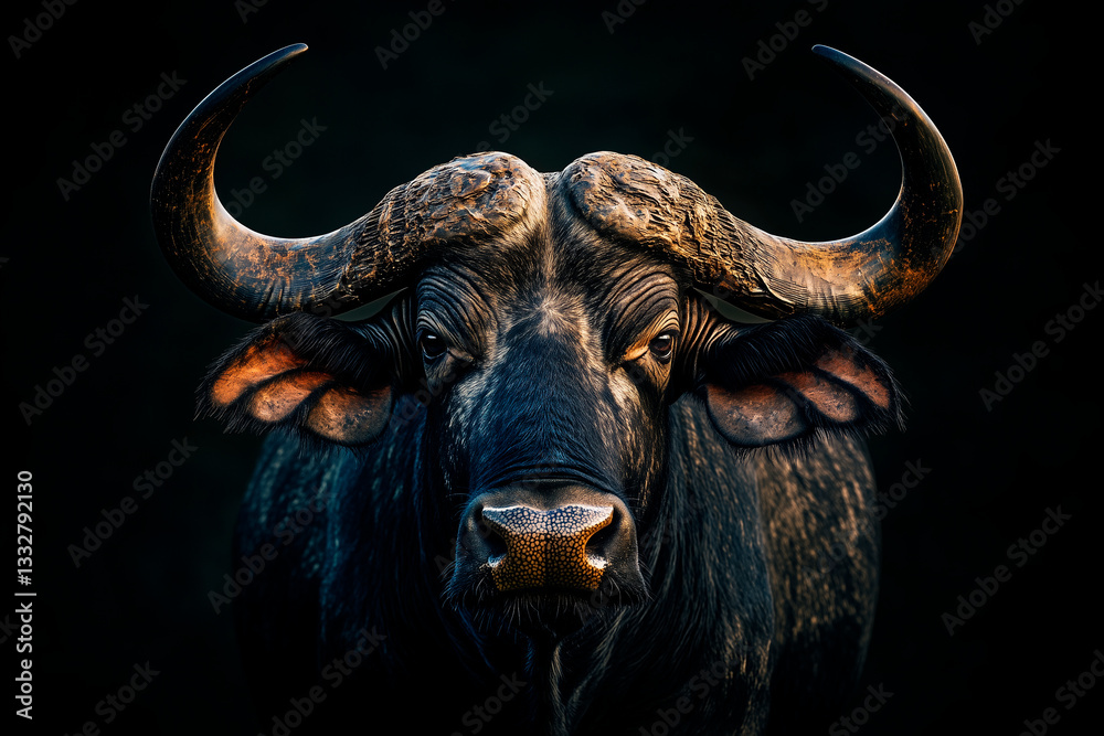 Naklejka premium A Water Buffalo with textured, leathery skin, massive curved horns highlighted against the darkness, deep soulful eyes full of wisdom