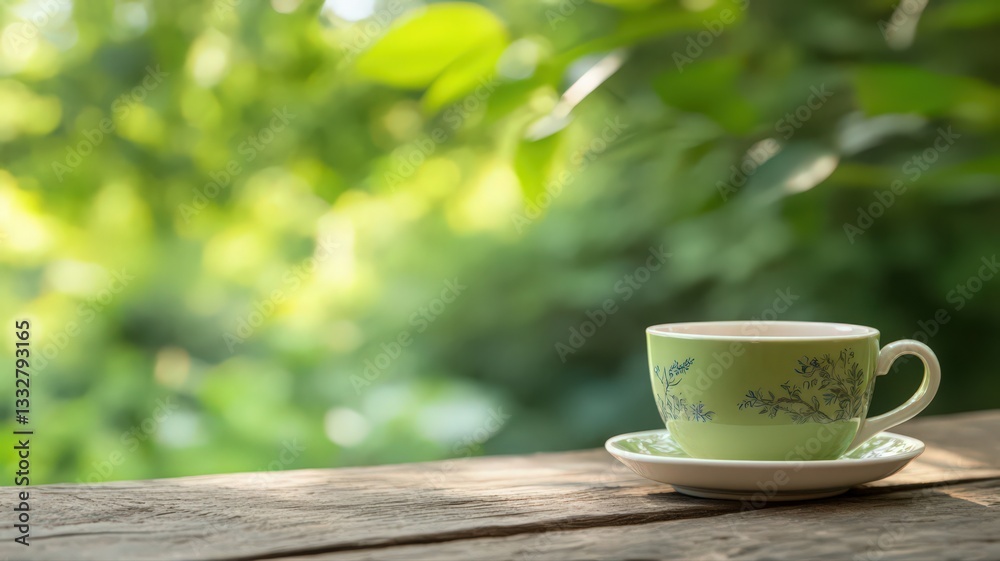 Light Green Teacup on Rustic Wood with Sunlit Green Background Light Green Teacup on Rustic Wood with Sunlit Green Background