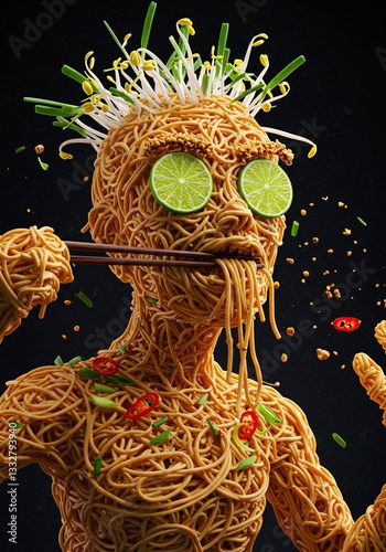 Abstract depiction of a noodle humanoid with lime eyes and sprout hair