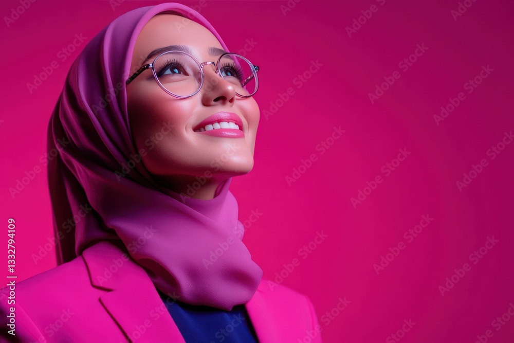 Smiling woman in hijab and blazer, looking upward Smiling woman in hijab and blazer, looking upward