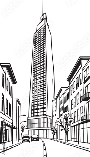 City landscape. Line urban backdrop. Different buildings on street, outline cityscape hand sketch, flat houses. Hand drawn vector illustration
