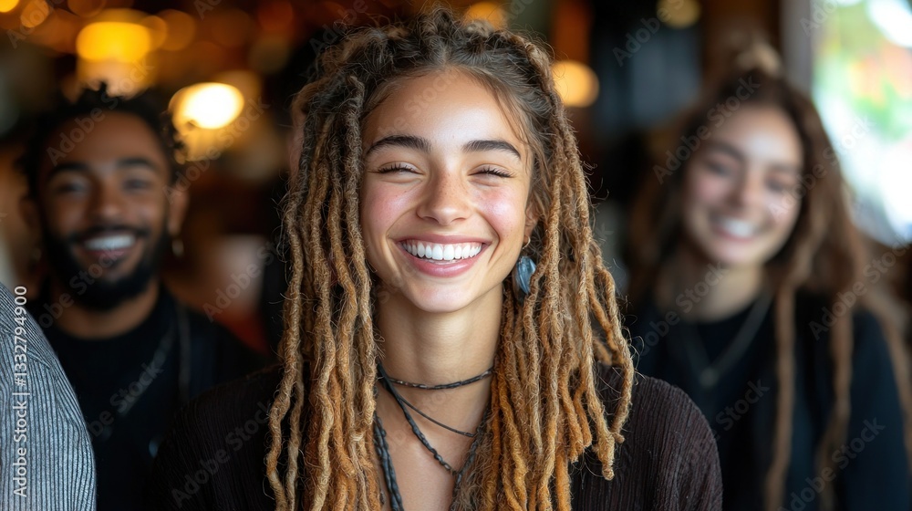 Smiling Woman with Dreadlocks in a Cafe Smiling Woman with Dreadlocks in a Cafe