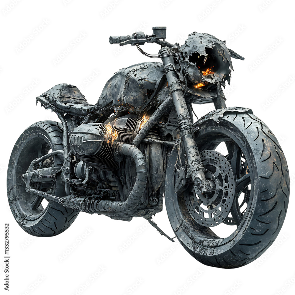 Burned Up Motorcycle with Melted Bodywork and Helmet Isolated on Transparent Background Burned Up Motorcycle with Melted Bodywork and Helmet Isolated on Transparent Background