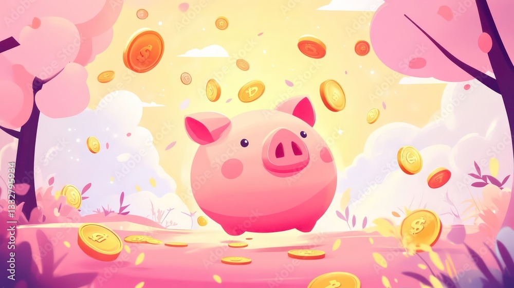 Happy pink piggy bank with floating golden coins and money trees. Creative financial concept of interest from savings or deposit. Rich or wealthy. Trendy cute cartoon flat style vector illustration. Happy pink piggy bank with floating golden coins and money trees. Creative financial concept of interest from savings or deposit. Rich or wealthy. Trendy cute cartoon flat style vector illustration.