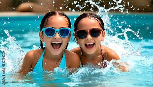 Wallpaper Mural A young girl and an adult woman are playing and splashing around in a swimming pool. Torontodigital.ca