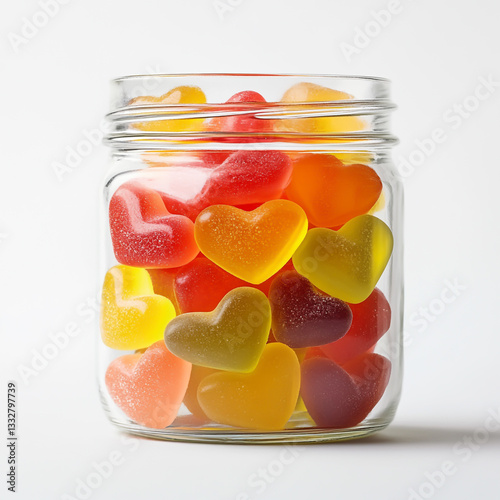 Heart-Shaped Gummy Candies in a Glass Jar, Isolated on White Background photo