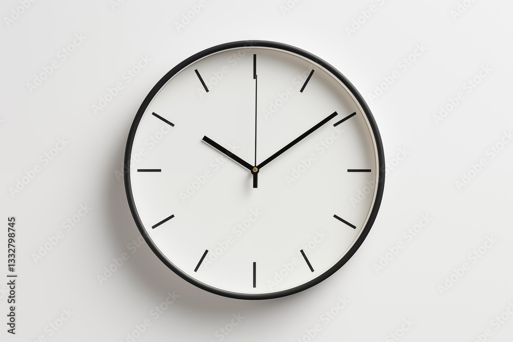 Minimalistic wall clock with black frame and white face displaying time clearly. Perfect for modern interior design and office spaces. Minimalistic wall clock with black frame and white face displaying time clearly. Perfect for modern interior design and office spaces.