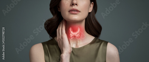 Close-up of woman's neck, showcasing highlighted thyroid gland, illustrating health condition, medical information or awareness campaign photo