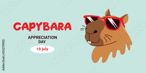 Capybara Appreciation Day – July 10th. The cute, largest rodent – the water pig. Hand-drawn vector illustration, isolated on a light green background.