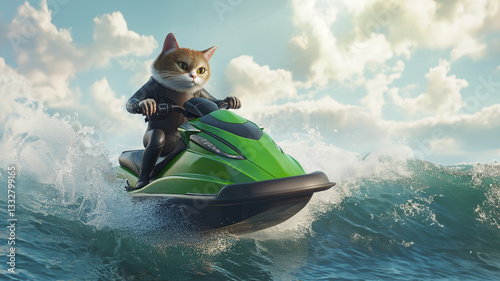 Katze auf grünem Jetski fährt durch Meereswellen mit Wasserspray