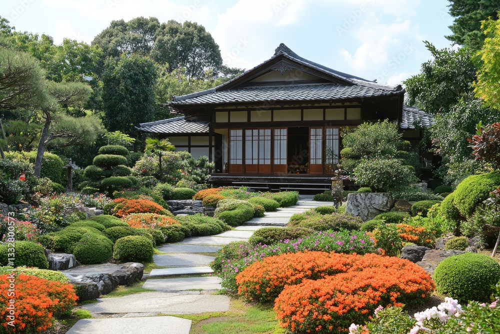 Fototapeta premium Traditional Japanese Garden With Wooden House