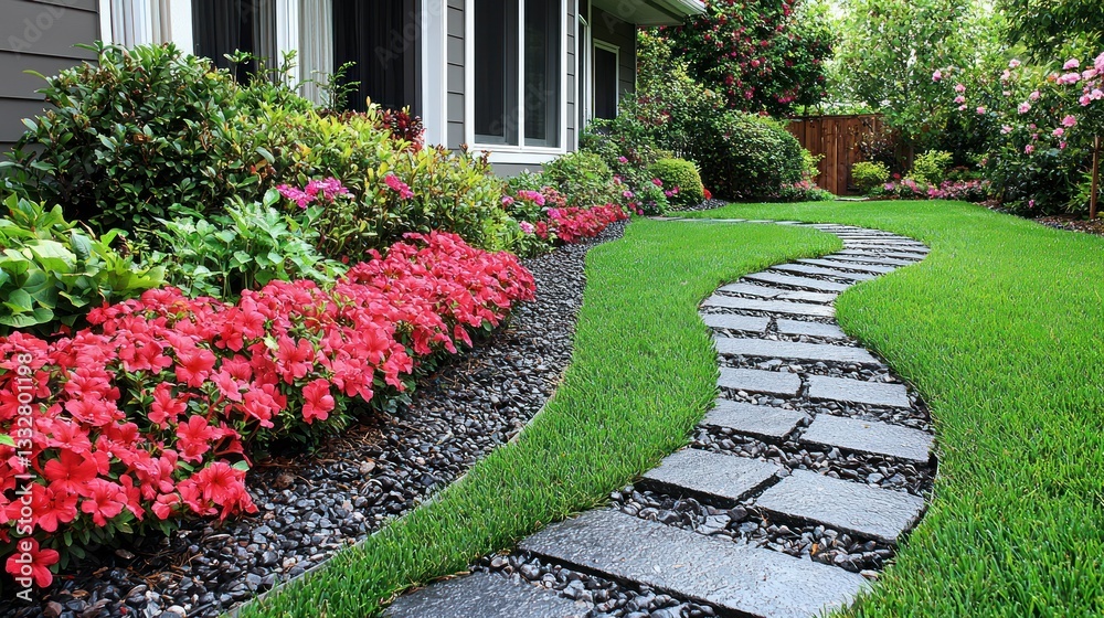 Obraz premium Serene Garden Path: A Meandering Stone Walkway Through Lush Landscaping