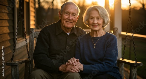Elderly Couple Sitting on Porch Swing at Sunset Golden Hour Portrait Retirement Love
