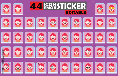 Diverse set of girl avatar emoji sticker icons displaying various human emotions