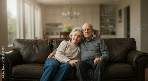 Elderly Couple Senior Love Retired Happy Together Sitting on Leather Sofa Home Interior