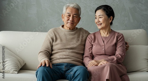 Happy Senior Asian Couple Relaxing Together on a Comfortable Sofa at Home