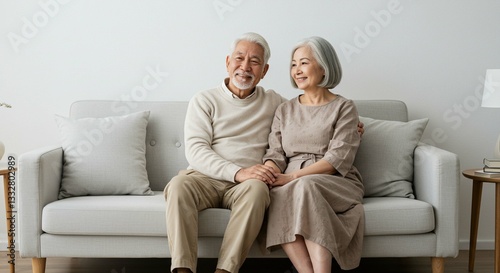 Happy Senior Asian Couple Sitting on a Comfortable Sofa at Home Relaxed and Smiling