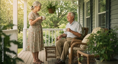 Senior Couple Enjoying Coffee on a Porch Retirement Relaxation Summer Day