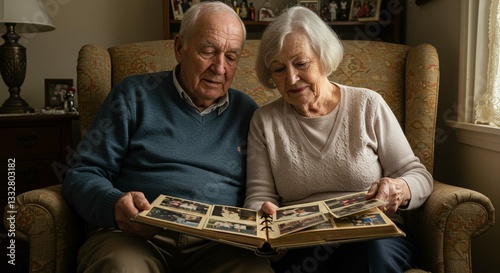 Senior Couple Sharing Memories Looking at Old Photo Album Together at Home