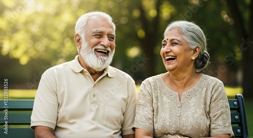 Happy Senior Indian Couple Laughing Together on Park Bench Enjoying Retirement