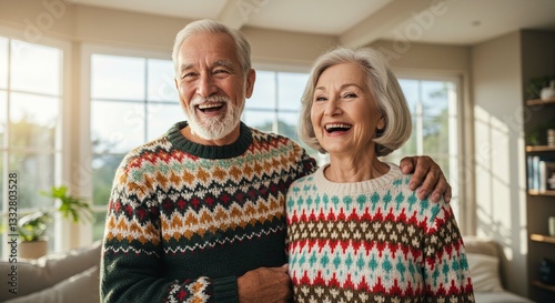 Happy Senior Couple Smiling in Cozy Winter Sweaters at Home
