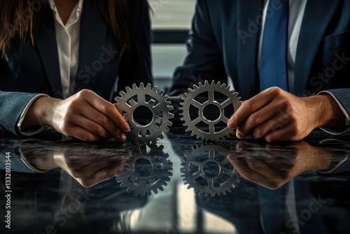 Business professionals collaboratively working together, symbolized by interlocking gears, representing synergy and teamwork.