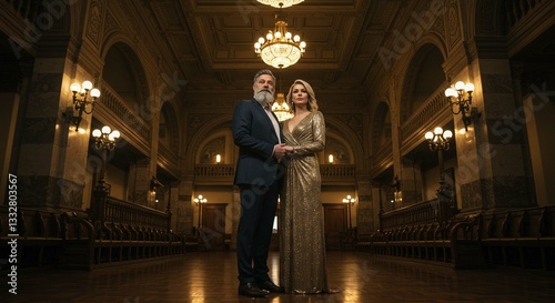 Elegant Couple in Luxurious Ballroom Formal Attire Romantic Pose Golden Gown Grand Interior