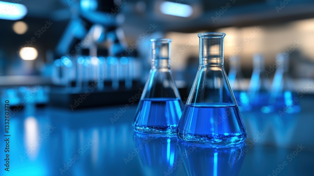 Laboratory glassware filled with a vibrant blue liquid, reflecting on a polished surface, surrounded by scientific equipment Laboratory glassware filled with a vibrant blue liquid, reflecting on a polished surface, surrounded by scientific equipment