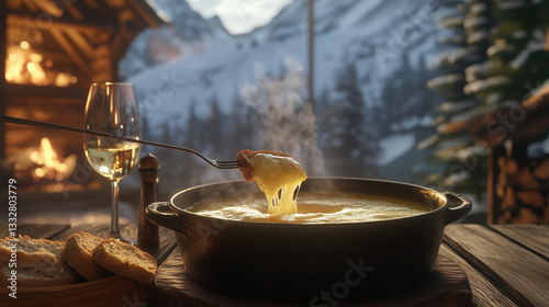 Bubbling cheese fondue with bread and wine in a cozy chalet  