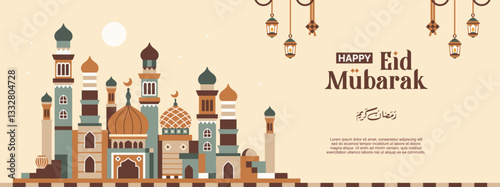 Beautiful minimalist geometric Arabic city landscape pattern with lanterns, Ramadan Kareem, Eid al-Fitr horizontal pastel colored poster