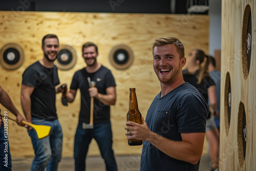 A Group of Friends Enjoying Axe Throwing, Laughing, and Holding Beer Bottles in a Rustic Indoor Venue