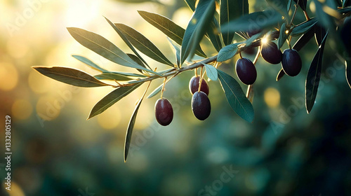Olives on the tree illuminated by evening sun with blurred background.