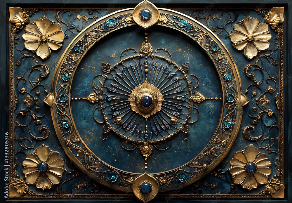 Obraz premium Ornate Decorative Panel with Circular Floral Motifs and Gem Accents in Gold and Teal