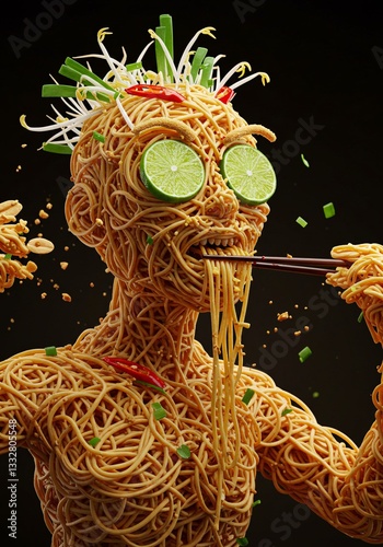 Conceptualized noodle character eating, a unique culinary artwork with vibrant flair