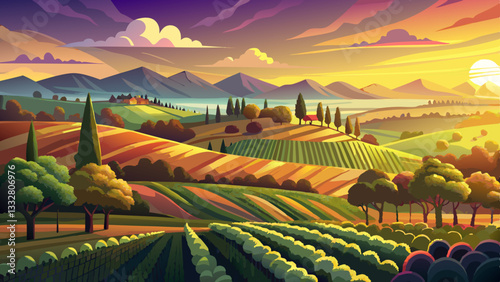 Vineyard Sunset with Golden Light and Rolling Hills, landscape , nature , sunset , vineyard