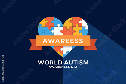 Autism Awareness Vector with Puzzle Heart and Bold Text on Dark Blue Background